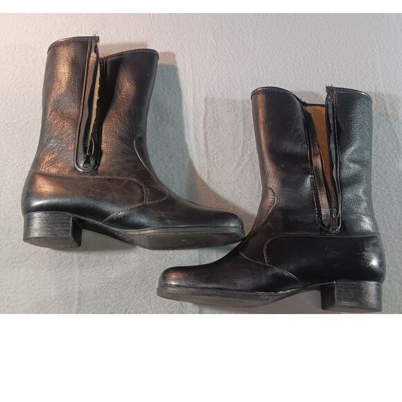 vintage Black Leather Mid Calf Boots Side Zip Block Heel Fashion Dress Cosplay - Picture 1 of 5
